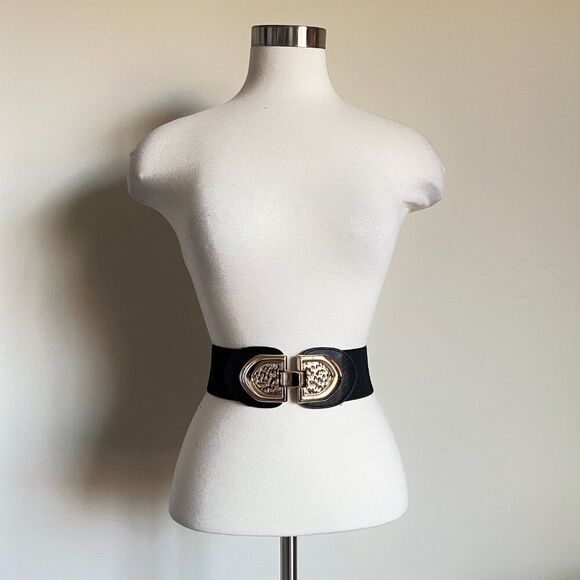 Wide Black Stretch Belt with Gold Buckle – Statement Waist Cincher - Picture 2 of 2